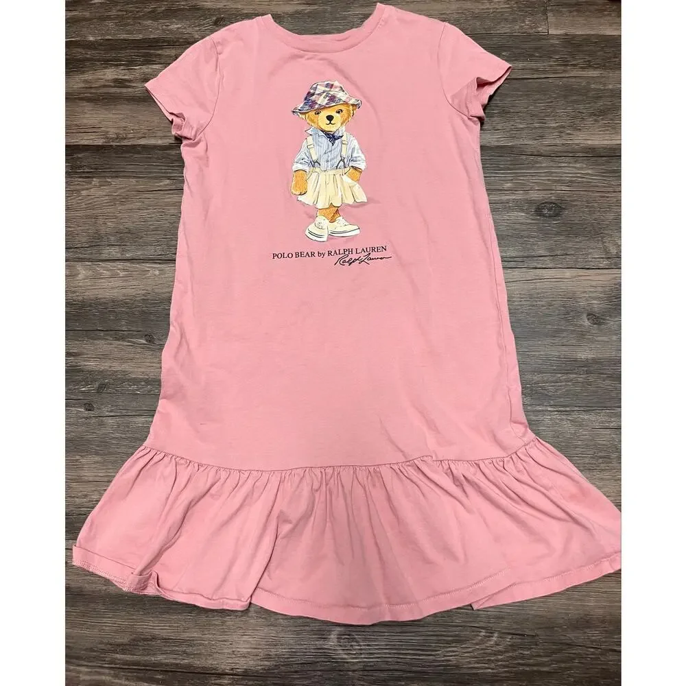 Polo Ralph Lauren Girls M 8-10 Pink Polo Bear Ruffle Hem T-Shirt Dress Cotton